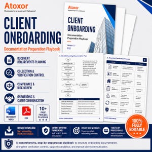 May include: A client onboarding documentation playbook with a blue and white design. The cover features the title "CLIENT ONBOARDING" and the text "Documentation Preparation Playbook". Includes a flow chart and icons for document requirements and verification.