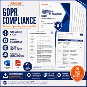 May include: A blue and white document titled "GDPR Compliance" with the text "Standard Operating Procedure (SOP)". The document includes sections on data mapping, breach management, and key performance indicators. It also features a "100% Fully Editable" seal.