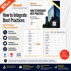 May include: A promotional image for a business improvement playbook titled "How to Integrate Best Practices." The cover features a modern building graphic. The playbook includes sections on review, integration, training, and continuous improvement. A 90% off banner is in the upper left.