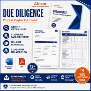 May include: A promotional image for a 'Due Diligence' process playbook and toolkit. The image features a white and blue design with the title in large, bold letters. Key features include identifying critical risks, streamlining data collection, and a full RACI framework.
