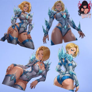 May include: A digital illustration of a woman with blonde hair wearing a blue and white ice-themed costume. The woman is in various poses, including standing, sitting, and kneeling. The background is a light blue color.