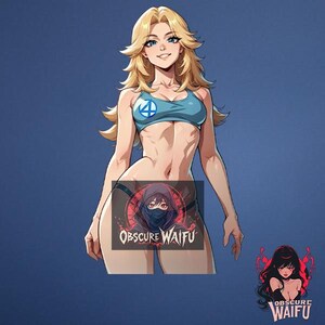 May include: An illustration of a woman with long blonde hair, wearing a blue sports bra with a white and blue logo. The image includes a graphic with the text "Obscure Waifu".