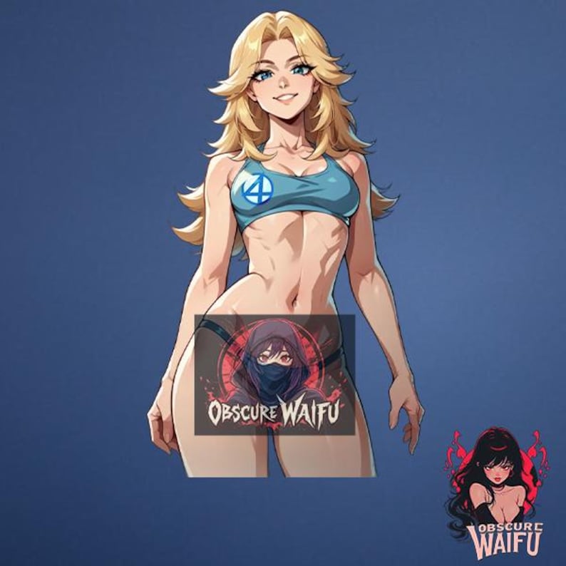 May include: An illustration of a woman with long blonde hair, wearing a blue sports bra with a white and blue logo. The image includes a graphic with the text "Obscure Waifu".