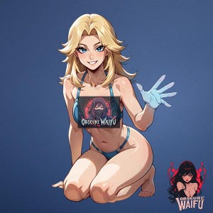 May include: Anime-style illustration of a woman with blonde hair and blue eyes, wearing a blue bikini. The image includes the text "Obscure Waifu" on the bikini and a glove on one hand. The background is a solid blue.