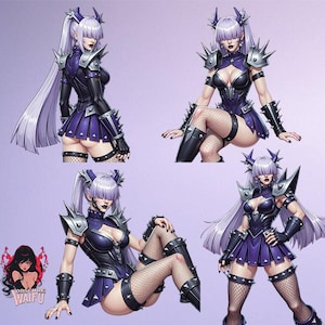 May include: Four illustrations of a female character with purple hair, wearing a black and purple outfit with silver accents. The character is depicted in various poses, including standing, sitting, and kneeling.