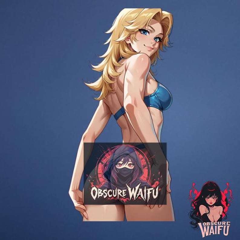 May include: Illustration of a woman with blonde hair and blue eyes wearing a blue bikini. A graphic with the text "Obscure Waifu" is in front of her. A second graphic with the same text is in the lower right corner. The background is a solid blue.