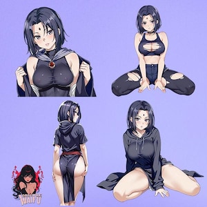 May include: Four digital illustrations of a woman with black hair and blue eyes wearing different outfits. The woman is depicted in various poses, including sitting, standing, and looking at the viewer. The illustrations are in a cartoon style and have a colorful background.