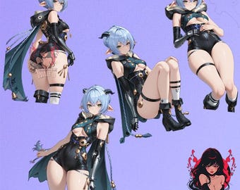May include: Multiple images of a character with light blue hair, pointed ears, and a black and teal outfit. The character is in various poses, with a logo in the bottom right corner that says "Obscure Waifu".
