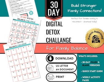 30-Day Digital Detox Challenge | Family Balance Activities | Printable PDF