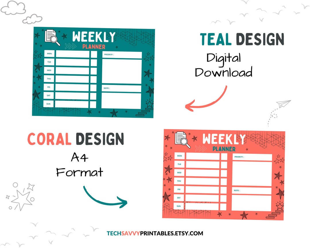 Weekly Planner Printable | A4 | Teal & Coral Designs | Organize Your ...