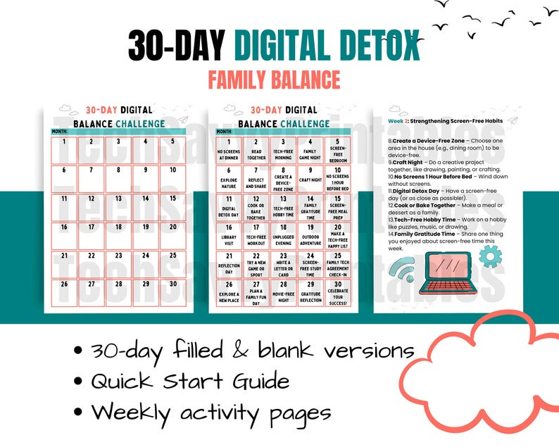 30 day Digital Detox Challenge Family Balance Activities Printable 