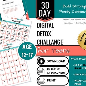 30-dniowe wyzwanie Digital Detox w formacie PDF dla nastolatków (w wieku 13–17 lat) | Aktywności na czas wolny od ekranu do wydrukowania | Zwiększ kreatywność i umiejętności życiowe