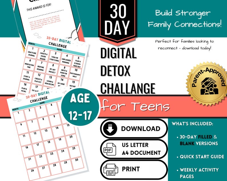 Teen Digital Detox Challenge: Screen-free Activities (ages 13-17) (PDF ...