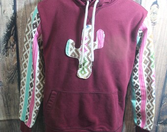 Upcycled patchwork hoodie M Southwest sleeves cactus OOAK one of a kind maroon reworked