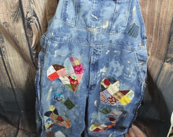 Upcycled patchwork bib overalls hearts 46x36 OOAK one of a kind pants