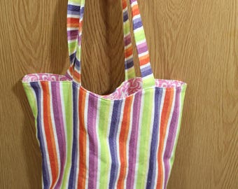 Upcycled Striped Fabric Tote Bag: Large Reusable Grocery Bag