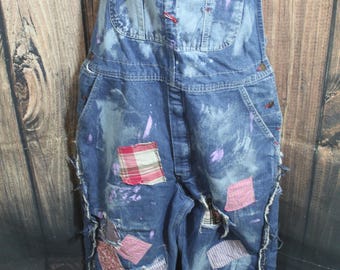 Upcycled Dickies Overalls 36x30: Purple Pink Patchwork, Distressed Denim