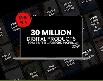 Op de afbeelding: Een laptopscherm dat een zwarte achtergrond toont met witte tekst die "30 miljoen digitale producten om te gebruiken en door te verkopen voor 100% winst" luidt. Het scherm is omringd door kleinere afbeeldingen van verschillende digitale producten, waaronder fitnessvideo's, receptideeën, logo-ontwerpen, e-boeken, social media-sjablonen, soundtracks en meer. De tekst "MRR PLR" wordt in rood weergegeven op een witte cirkel in de linkerbovenhoek van de afbeelding.