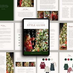 Puede incluir: Una guía de estilo para sesiones mágicas de árboles de Navidad con un esquema de color verde, rojo y blanco. La guía incluye información sobre la línea de tiempo de la sesión, qué esperar e ideas de atuendos. El texto de la portada dice "Magical Christmas Tree Sessions Style Guide".