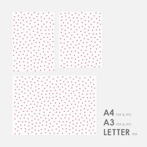 以下が含まれることがあります： 白い背景に小さな赤い三角形が繰り返しパターンで描かれた、印刷可能なデジタルペーパーパターン3つ。サイズはA4、A3、レターです。