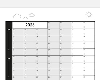 52 weekends - VERTICAL 2026 planner / calendar for your wall, minimal, simple design, poster size with 52 weeks of the year plotted straight