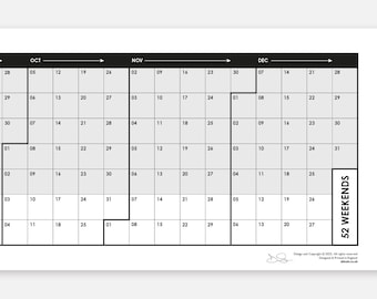 52 weekends - HORIZONTAL 2026 planner / calendar for your wall, minimal, simple design, poster size with 52 weeks of the year straight up