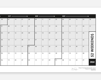 52 weekends - HORIZONTAL 2024 planner / calendar for your wall, minimal, simple design, poster size with 52 weeks of the year straight up