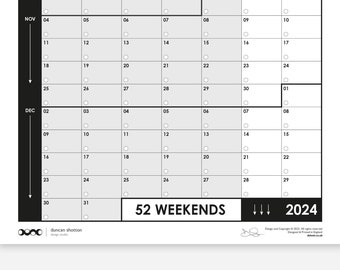 52 weekends - VERTICAL 2024 planner / calendar for your wall, minimal, simple design, poster size with 52 weeks of the year plotted straight