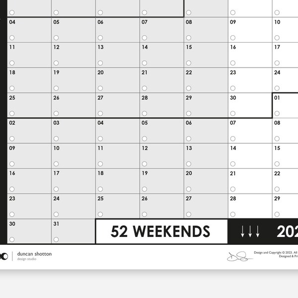 52 weekends - VERTICAL 2024 planner / calendar for your wall, minimal, simple design, poster size with 52 weeks of the year plotted straight