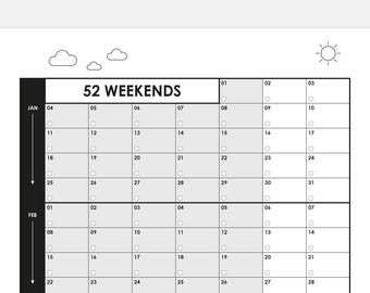 52 weekends - VERTICAL 2027 planner / calendar for your wall, minimal, simple design, poster size with 52 weeks of the year plotted straight