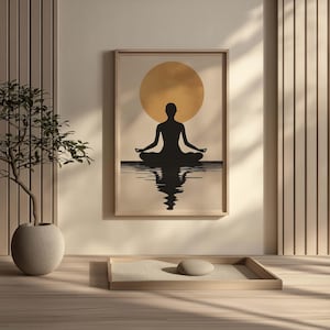 Arte de meditación minimalista, silueta serena con reflejo de sol dorado, decoración de pared zen pacífica