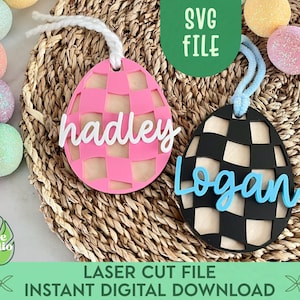Checkered Egg Easter Basket Tag SVG, Easter Basket Stuffers Easter Gift Tag for Kids, Retro Easter Tag, Easter Tag, Glowforge Laser Cut File
