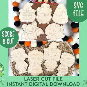 May include: A collection of nine laser-cut wooden Halloween shapes including a pumpkin, cauldron, candy corn, bat, skull, Frankenstein monster, vampire, witch, and mummy. The text SVG FILE, SCORE & CUT, and LASER CUT FILE INSTANT DIGITAL DOWNLOAD appears.