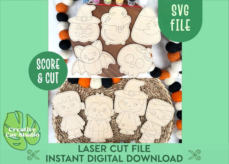 May include: A collection of nine laser-cut wooden Halloween shapes including a pumpkin, cauldron, candy corn, bat, skull, Frankenstein monster, vampire, witch, and mummy. The text SVG FILE, SCORE & CUT, and LASER CUT FILE INSTANT DIGITAL DOWNLOAD appears.