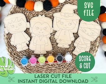 DIY Halloween Craft for Kids SVG, Witch Frankenstein SVG, Halloween Paint Kit Svg, Boo Basket Fillers, Color Me Halloween, Glowforge Craft
