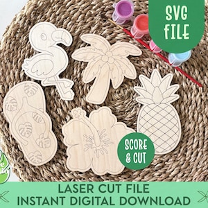 May include: Laser cut wooden shapes of a flamingo, palm tree, flip-flop, hibiscus flower, and pineapple. The shapes are unpainted and ready for crafting. Text on the image says "SVG FILE", "SCORE & CUT", "LASER CUT FILE", and "INSTANT DIGITAL DOWNLOAD".