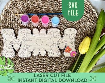 DIY Mother's Day Art Craft for Kids SVG, Gift for Mom, Kids Craft for Mom, Mother's Day Paint Kit SVG, Flower Gift for Mom, Glowforge Craft
