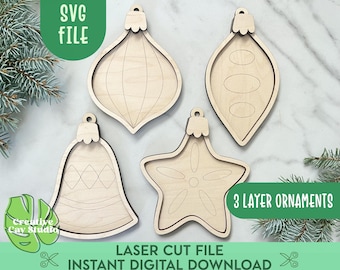 DIY Christmas Ornaments for Kids SVG, Christmas Crafts, Mosaic Bases, Painted Ornament Set, Christmas Laser Cut Files, Glowforge Files
