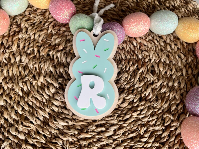 May include: A light blue bunny-shaped wooden ornament with white sprinkles and the letter "R" in the centre. The ornament is hanging from a string of pastel-coloured Easter eggs.