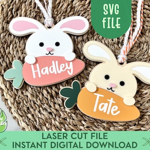 May include: Two laser cut bunny rabbit SVG files with carrot shaped name tags. The bunny on the left is white with pink ears and holds a pink carrot with the name Hadley. The bunny on the right is tan with white ears and holds an orange carrot with the name Tate.