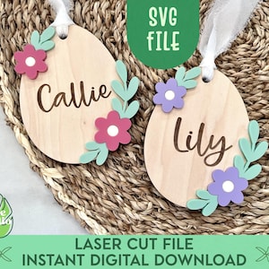 花柄の卵のイースターバスケットタグ SVG、女の子向けイースタータグ、赤ちゃん向けイースターギフト、花柄のイースター名札、イースターバスケット詰め物、レーザーカットファイル