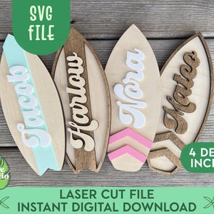 May include: Four laser cut wooden surfboard designs with names "Tacoll", "Harlow", "Nora", and "Katce" written in white. The text "4 DESIGNS INCLUDED" is in the bottom right corner of the image.