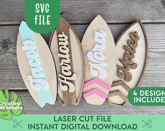 Surfboard Baby Name Sign SVG, Birth Announcement Plaque, Nursery Decor, Coastal Baby Room Wall Art, Baby Shower Gift for Mom, Glowforge File