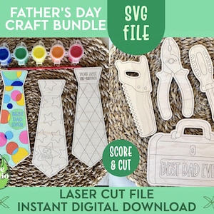 May include: A Father's Day craft bundle featuring wooden tie cutouts, paint pots, and tool-shaped cutouts. The ties have various designs, including the text "Best Dad Ever" and star patterns. The tools include a saw, pliers, screwdriver, and hammer.