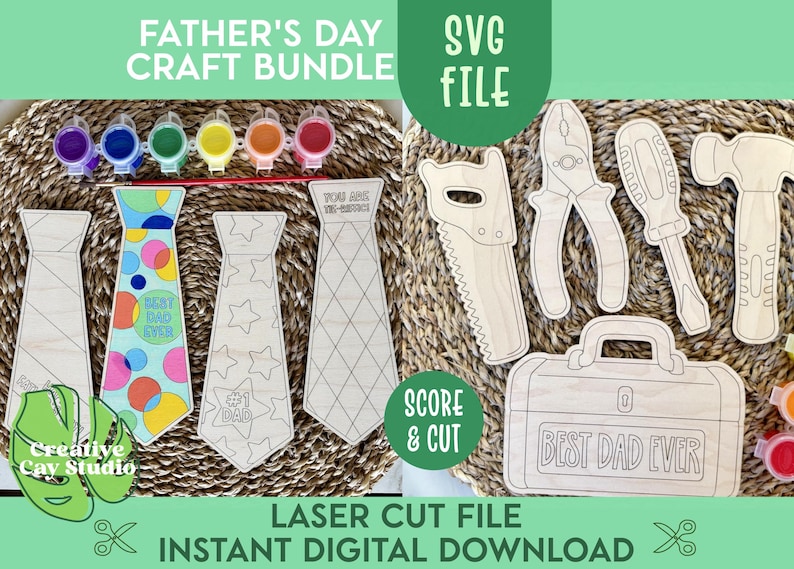 May include: A Father's Day craft bundle featuring wooden tie cutouts, paint pots, and tool-shaped cutouts. The ties have various designs, including the text "Best Dad Ever" and star patterns. The tools include a saw, pliers, screwdriver, and hammer.
