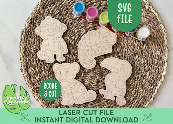 DIY Jungle Animal Craft for Kids SVG, Birthday Party Craft, Preschool Craft, Jungle Paint Kit Svg, Monkey Coloring for Kids, Laser Paint Kit