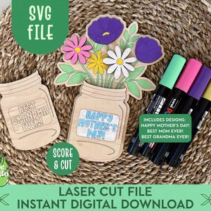 DIY Mother's Day Art Craft for Kids SVG, Flowers for Mom, Kids Craft for Mom, Mother's Day Paint Kit SVG, Mason Jar Bouquet, Glowforge Craft