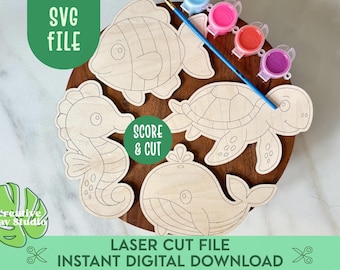 DIY Under the Sea Craft for Kids SVG, Birthday Party Craft, Preschool Craft, Sea Animals Paint Kit Svg, Gift for Kids, Laser Paint Kit