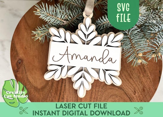 Snowflake Name Ornament SVG, Laser File, Simple Name Ornament, Elegant Christmas Ornament, Custom Family Ornament, Modern Snowflake Ornament