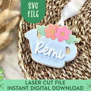 じょうろイースターバスケットタグ SVG、フラワーギフトタグ、女の子向けイースターギフト、フラワーイースターバスケットタグ、イースター詰め物、Glowforge、春のタグ